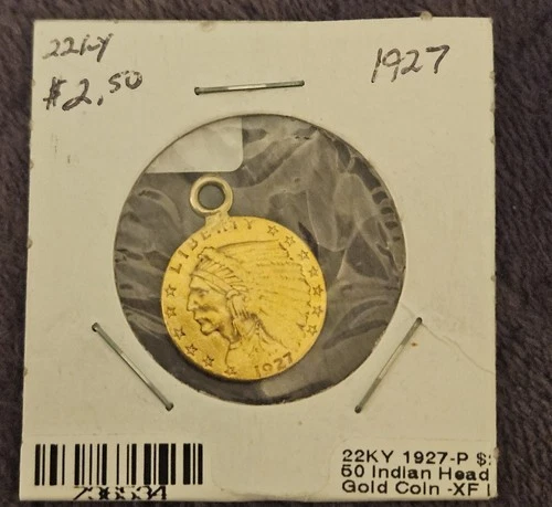 1927-P $2.5 Indian Head 22k Gold Coin XF. The hoop is 14k gold.