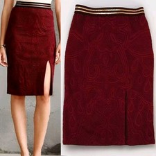 Maeve Anthropologie Front Slit Red Wine Stretchy Jacquard Pencil Skirt Small