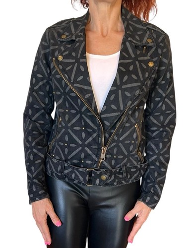 Current Elliott The Zipper Edge Moto Jacket Black Denim Studded Printed M