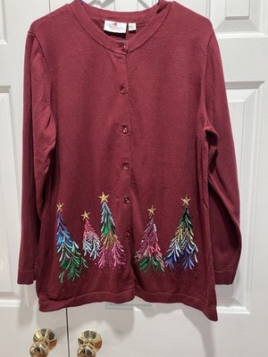 Quacker Factory Embroidered Sequin Stud Tree Button Front Cardigan Holiday Sz L