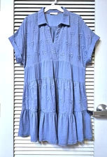 dusty blue gauze textured floral embro tiered collar dress XL