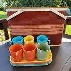 Vintage MCM Redmon Red Stripe Woven Large Picnic Basket & 11 Pc Colonial Dishes