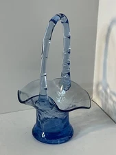Crackeled glass light blue basket 6 1/2” tall