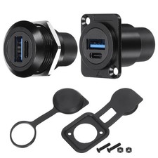 USB 3.0 Type-C Panel Mount Socket Connector Round/D-Type Black 2Pcs