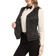 Women's Black Brocade Waistcoat Vest Vintage Steampunk Dress Jacquard Jacket