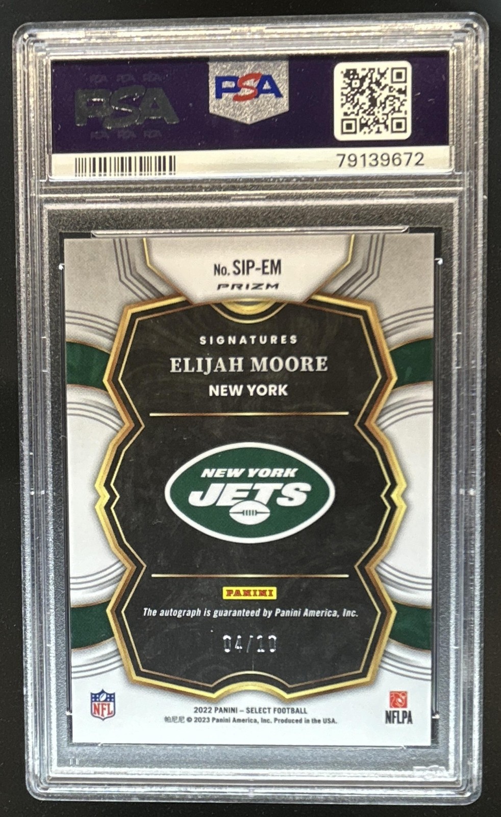 2022 Panini Select Elijah Moore Signatures Gold Prizm Auto #/10 Jets PSA 10 view 2
