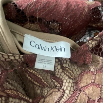 Calvin Klein Brown Gold Floral Lace Embroidered Fit & Flare Midi Dress Size  16