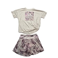 Adidas Girls 2pc Set Floral Skort Side Knot Graphic Tee Cream Purple XL/L