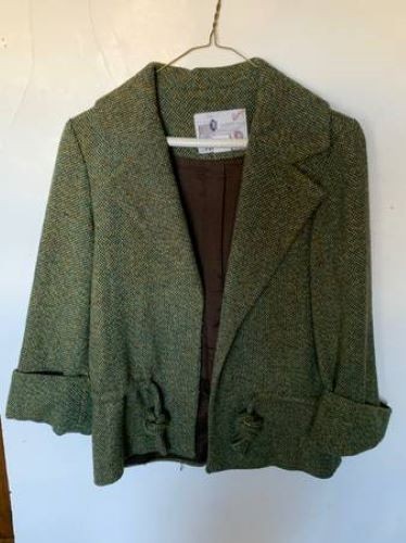 Kenzie Green Tweed Collared Open Coat Jacket with Tie Size 2 - Picture 6 of 9