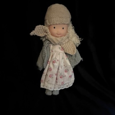 Handmade Doll with Knitted Hat, Scarf, Sweater, and Floral Dress