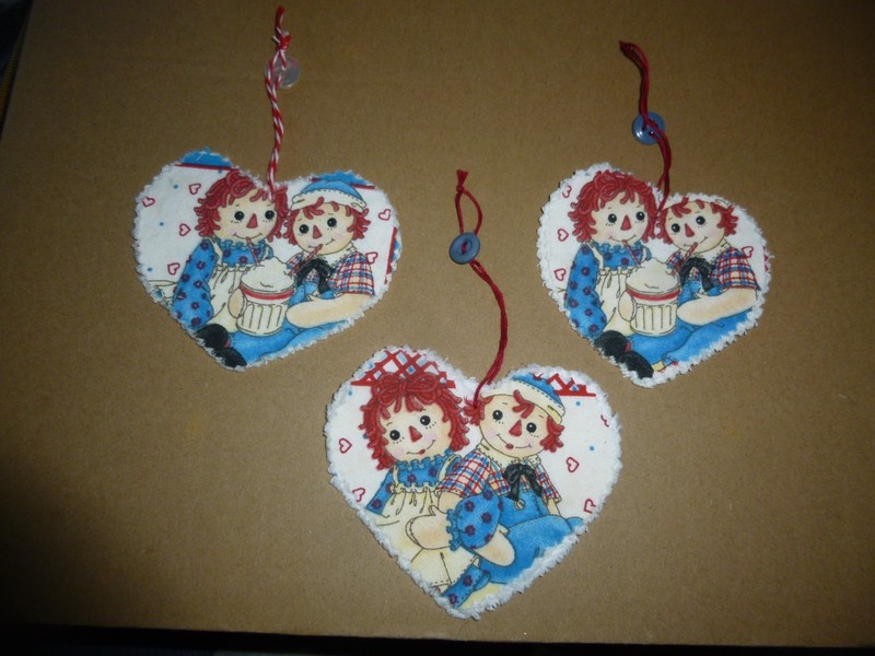 3 Handmade Raggedy Ann and Andy Americana Ornaments Red, White & Blue