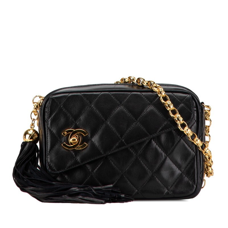 CHANEL Black Lambskin Matelass Coco Mark Fringe Chain Shoulder Pochette Bag