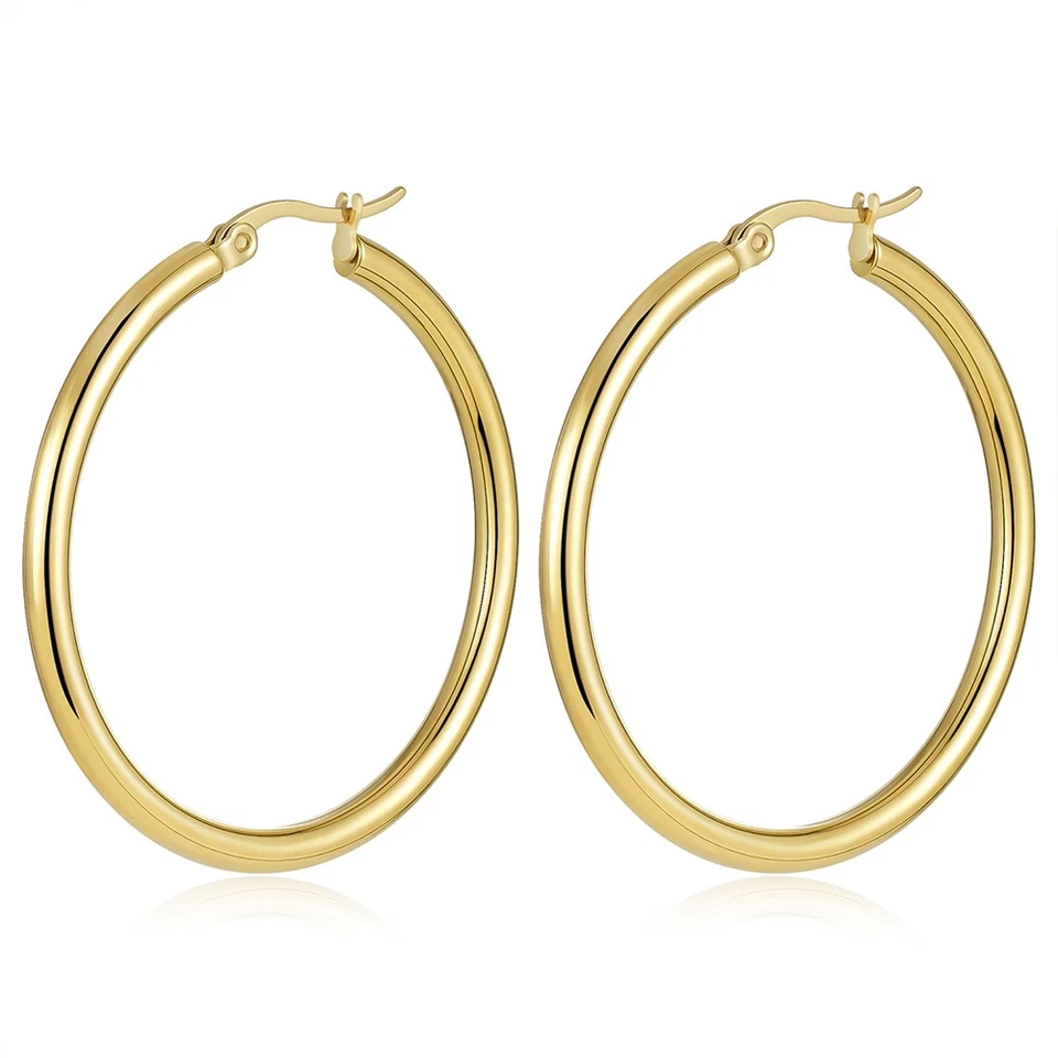14K Real Solid Yellow Gold Shiny Polished Round Creole Hoop Earrings All Sizes - Image 2 of 4