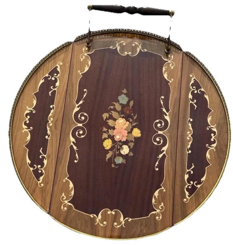 Carro de bar de marquetería y latón raro Italia vintage de mediados de siglo 50 carrito de bebidas Foto 4 de 4