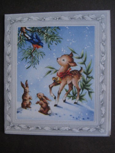 1950s vintage greeting card CHRISTMAS Deer Looking Up At Bluebird in Tree