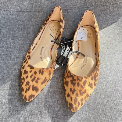 NWT Time And Tru Shoes Womens Size Memory Foam Pointed Toe Ballet Flats Leopard