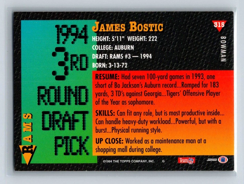 1994 Bowman #315 James Bostic Los Angeles Rams Rookie - Image 2 of 2