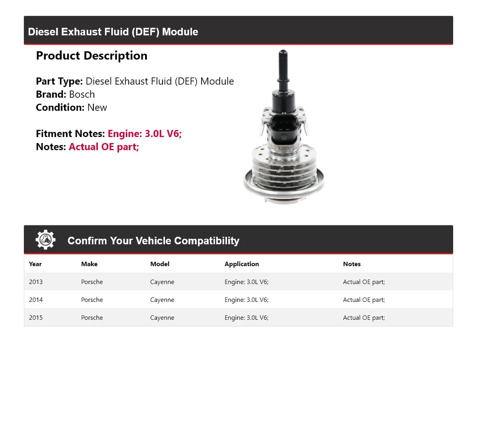 For 2013-2015 Porsche Cayenne 3.0L V6 Bosch Diesel Exhaust Fluid (DEF) Module - Imagem 2 de 4