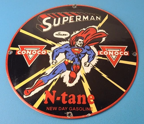 Vintage Conoco Gasoline Sign - Superman Comic Book Hero Porcelain Gas Pump Sign