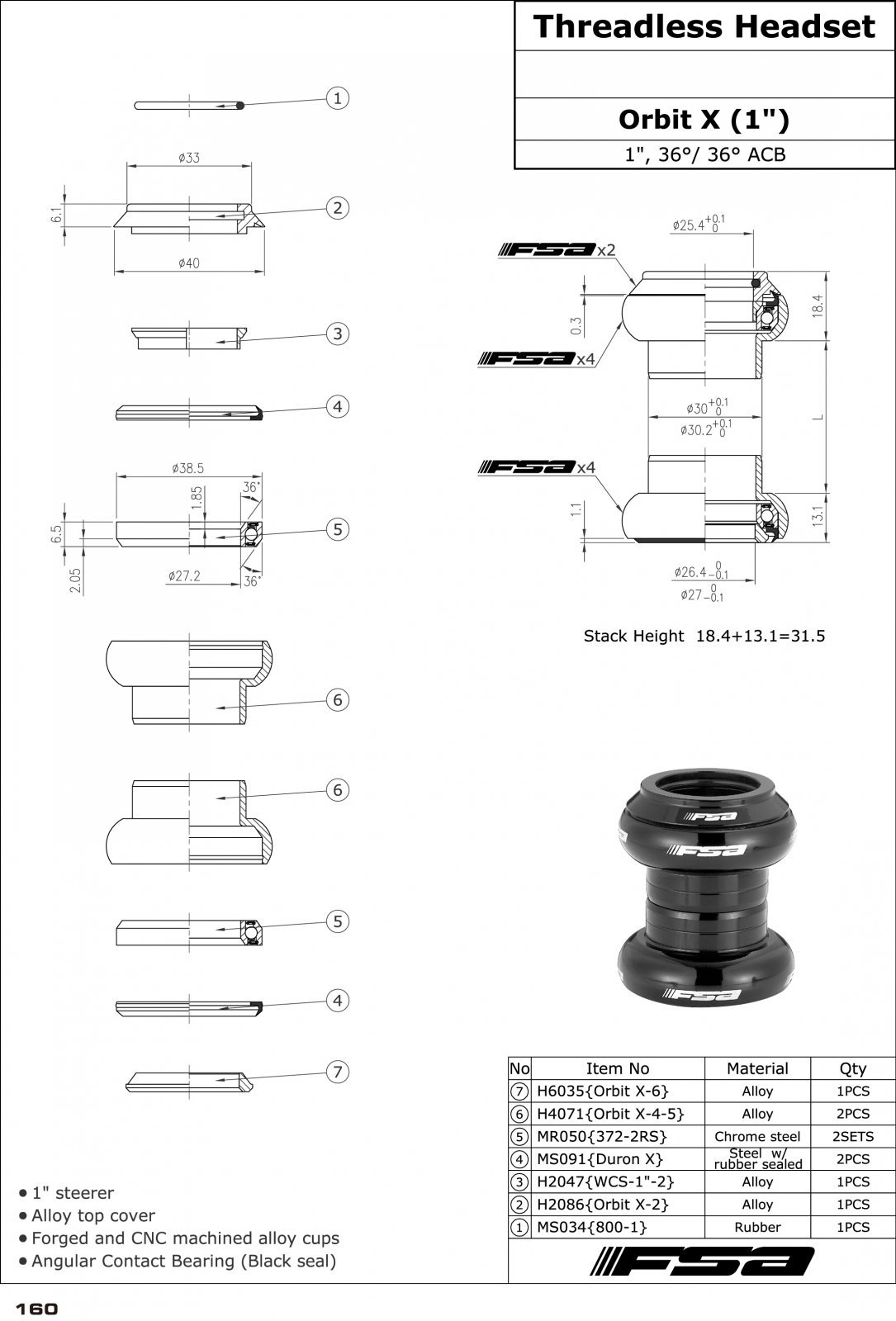 FSA Orbit X 1" Threadless 1 Inch Headset , Silver