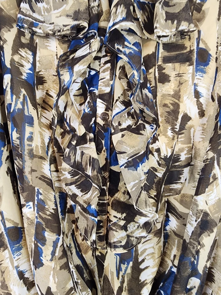 Camisa Kenneth Cole Reaction para mujer 12 marrón con volantes cuello en V abotonada sin mangas Foto 3 de 4