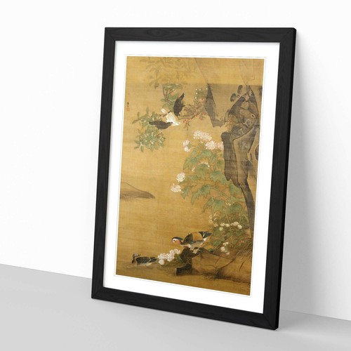 Lu Ji Ducks and Hollyhocks Japanese Asian Framed Wall Art Canvas Print
