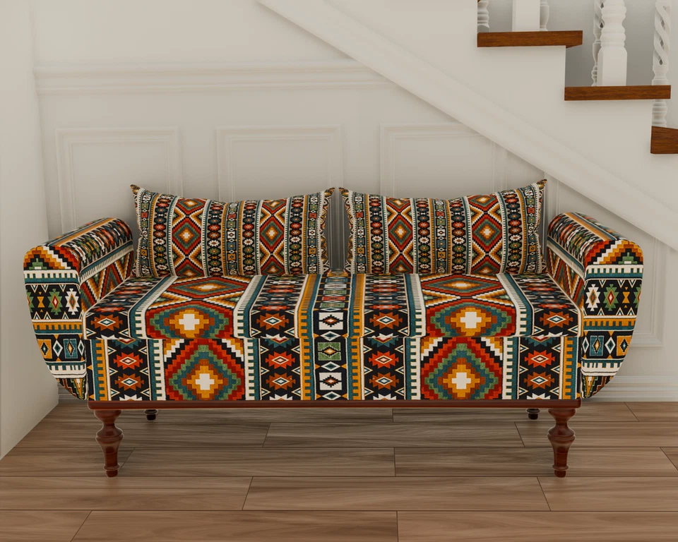 Entrway Organizer Ethnic Ottoman Bench with Arms, Footboard Ben, Curved Sofa - Image 3 of 4