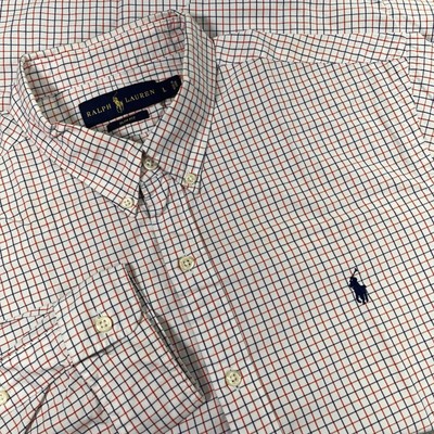 Ralph Lauren Slim Fit Large Button Up Shirt White Orange Navy Checks Pony Preppy
