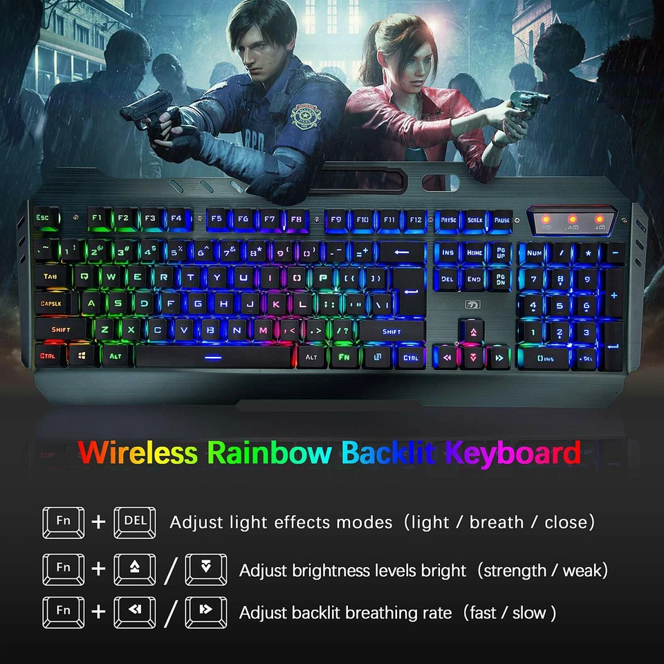 UK Cordless Wireless Gaming Keyboard and Mouse Set LED Backlit Mechanical Keypad - Image 3 of 4