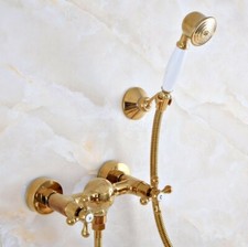 Golden Bathroom Shower Faucet Mixer Tap With Hand Shower Head Set Wall Mounted
