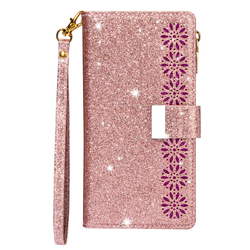 For iPhone 16e/16/15/14/13/12/11 XR SE 8 Glitter Wallet Case Zip Card Flip Cover - Image 3 of 4