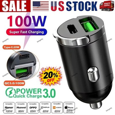 New Mini Dual USB PD Type-C Car Charger 100W 200W Fast Charge Adapter Accessory-