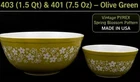 Vintage Pyrex Spring Blossom Green 403 & 401 Olive Mixing Bowl Set (Tiny Chip)