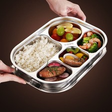 4/5-Compartments Stainless Steel Lunch Box Divided Dinner Tray School Food Plate