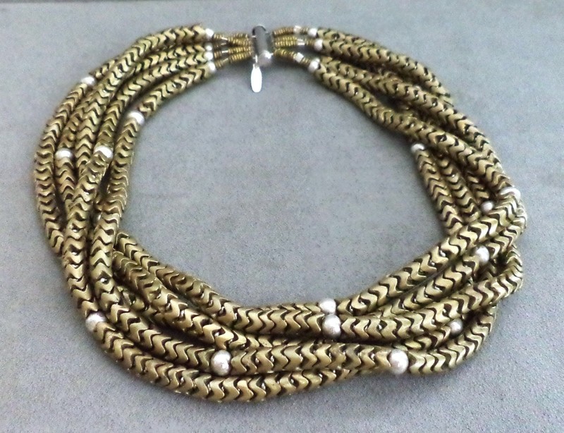 Modernist TERIPELIO Designer 5-Strand BRASS Sterling BEAD NECKLACE 16" Choker