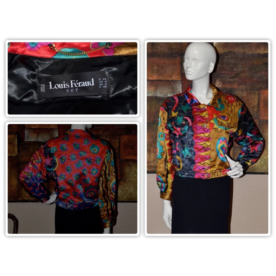 Louis Feraud Couture "PICASS0" Jeweled Buttons Designer Satin Jacket Size 4 - Image 2 of 4
