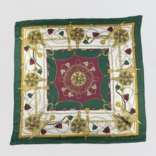 Vintage Equestrian Lion Silk Scarf Green Burgundy Tassel Chain Print 34x32
