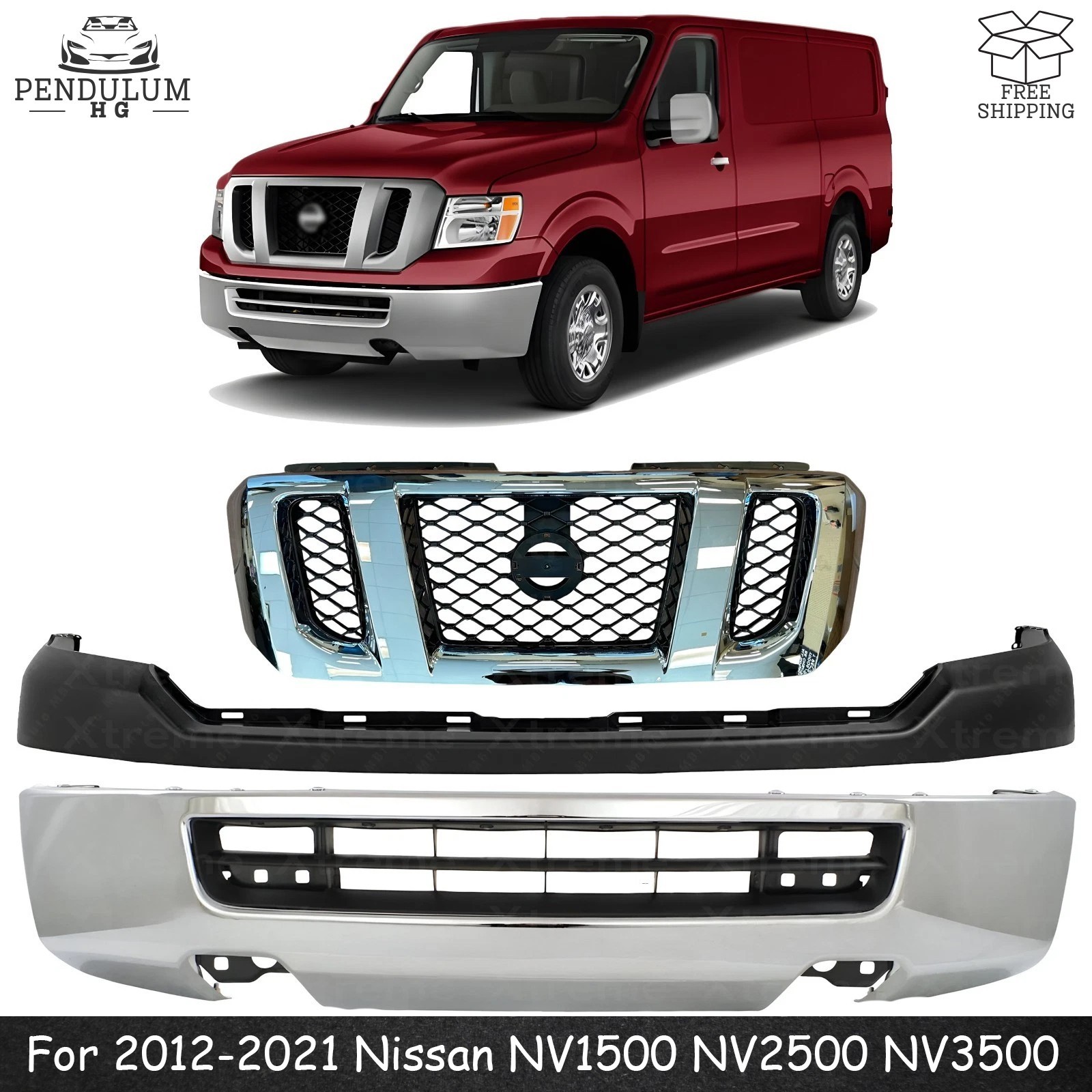 Front Bumper Chrome & Grille Kit For 2012-2021 Nissan NV1500 NV2500 NV3500