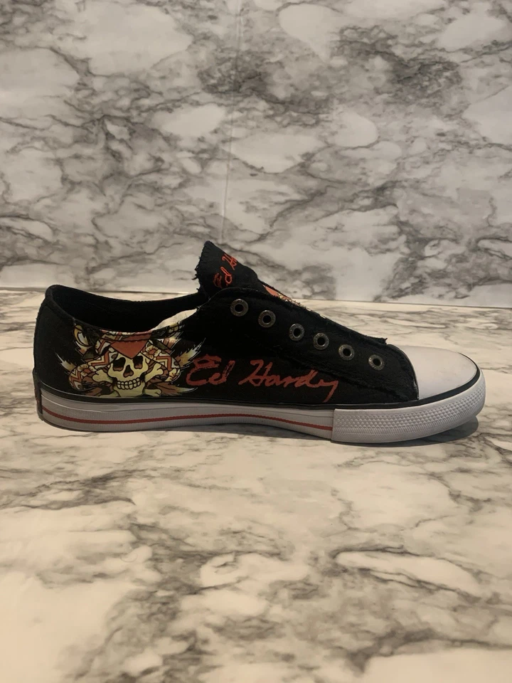 Y2K Ed Hardy 低帮头骨和心形帆布运动鞋男式 12 黑色一脚蹬鞋 — 第 4/4 张图片