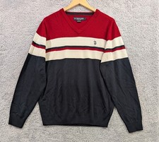 US Polo Assn Men's Large Long Sleeve V Neck Sweater Striped Red White Blue