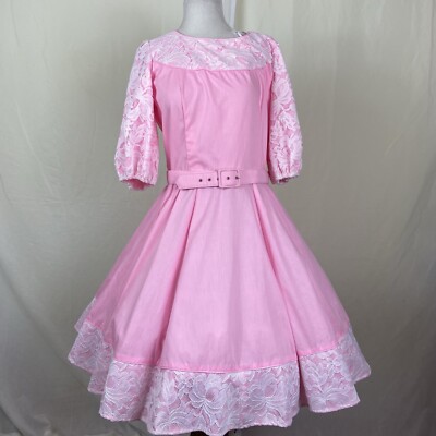 Square Dance Dress Co Pink White Lace Overlay Matching Belt Vintage Sz 16 |  eBay