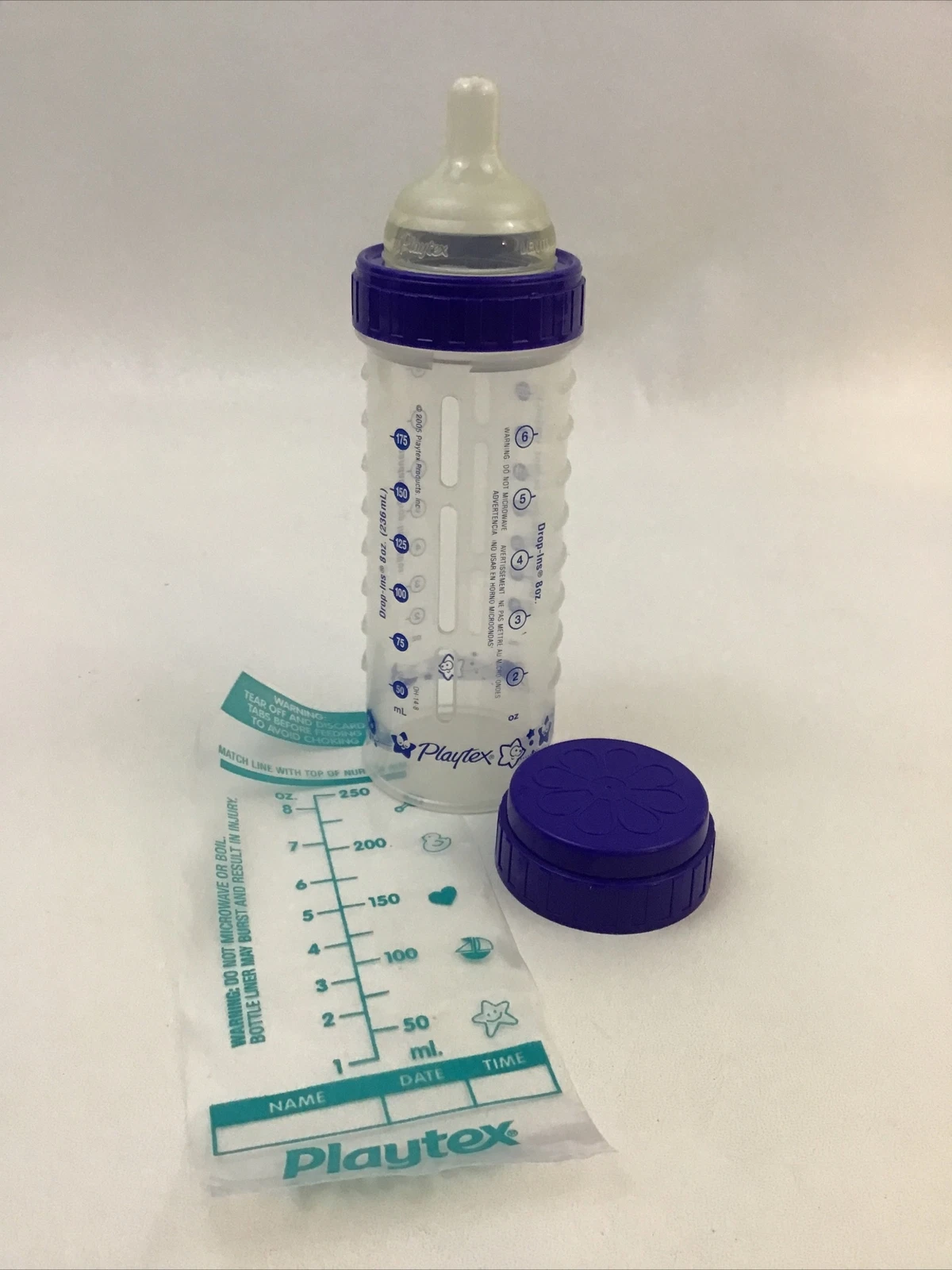 Playtex Baby Bottle Blue Design Drop Ins 8 Ounce Nipple Cap Bag Vintage 2005