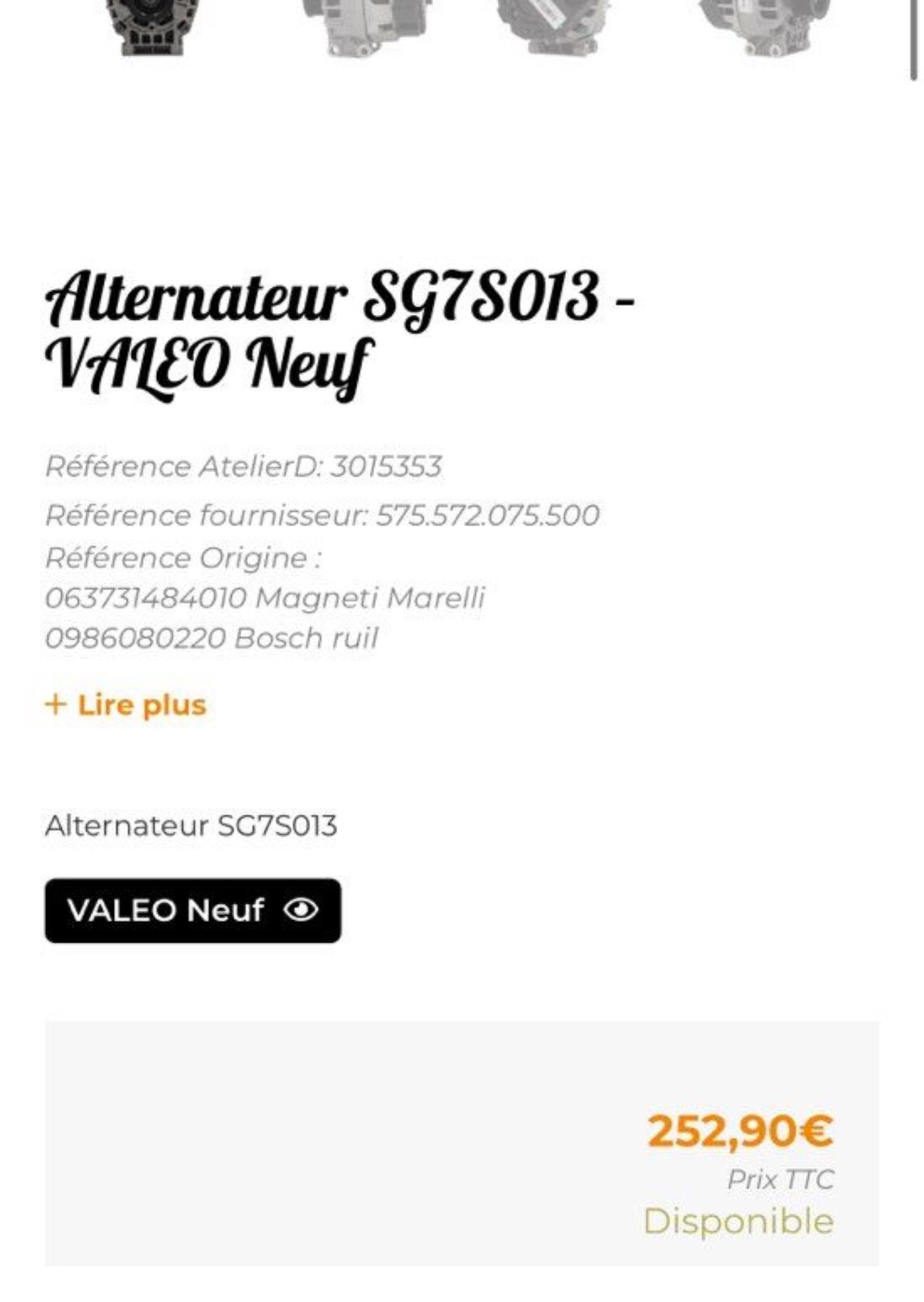 Plus de panne de batterie avec VALEO sg7s013 alternateur 75A