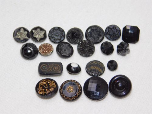 21 Antique Black Glass Buttons Carved Hand Painted Gold Accents - Picture 2 of 5