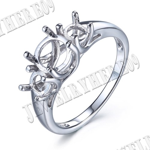 14k White Gold Three Stone 5.5-7mm Round Semi Mount Setting Engagement Fine Ring - Picture 2 of 7