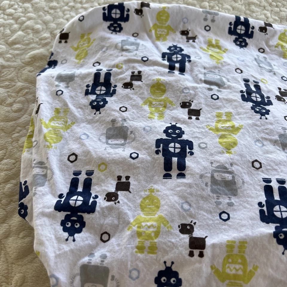 Sábana ajustable Circo Boy blanca verde lima azul gris robots perros cuna cama para niños pequeños Foto 4 de 4