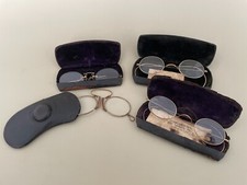 Four Pairs Antique Spectacles Eyeglasses Round Bifocal Lens Pince-Nez in Cases