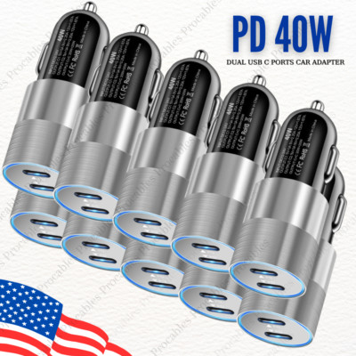 Car Charger Adapter PD Fast 40W Dual USB C Type C Port Block For iPhone iPad Lot