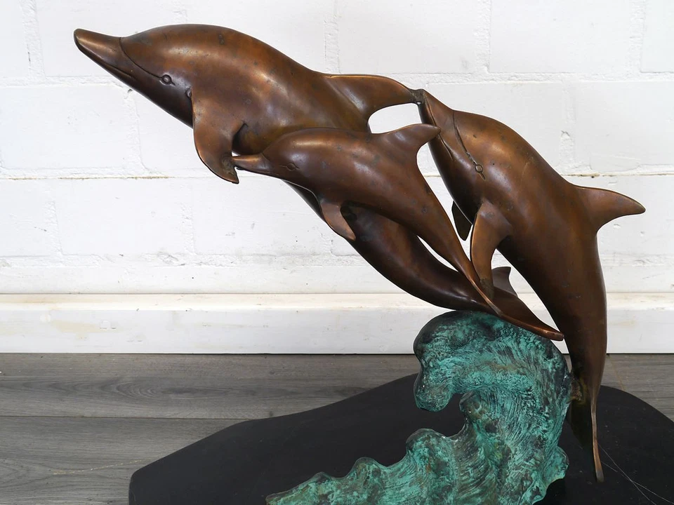 Bronze Figur 3 springende Delphine Familie Skulptur L: 62 cm -11671- - Bild 2 von 4