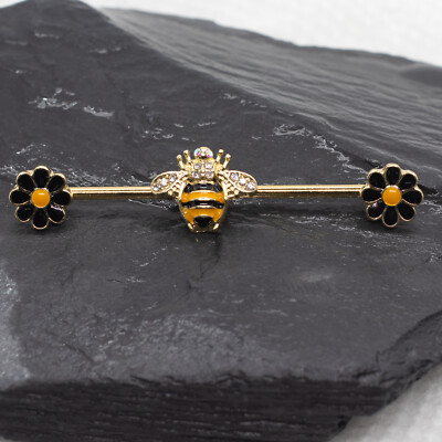 Pierce2GO Gold Industrial Barbell with Bee and Flower Pendants